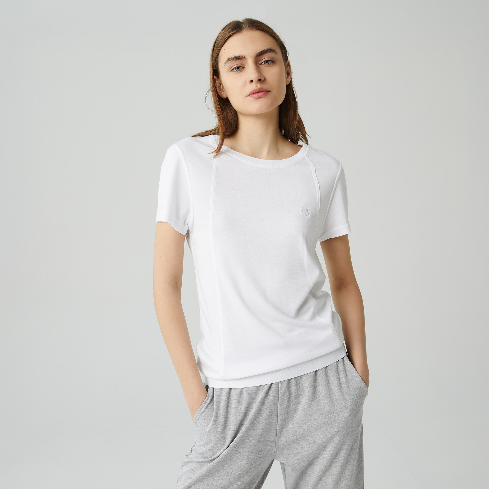 Lacoste Kadın Relaxed Fit Kayık Yaka Beyaz T-shirt
