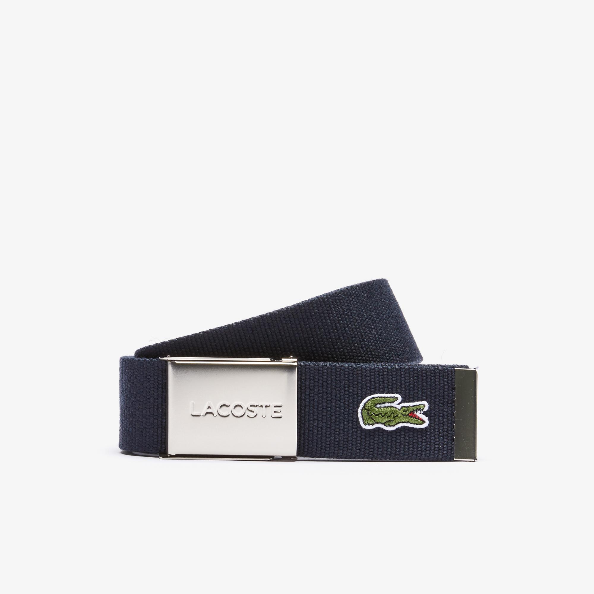 Lacoste Men's Made in France  Engraved Buckle Woven Fabric Belt